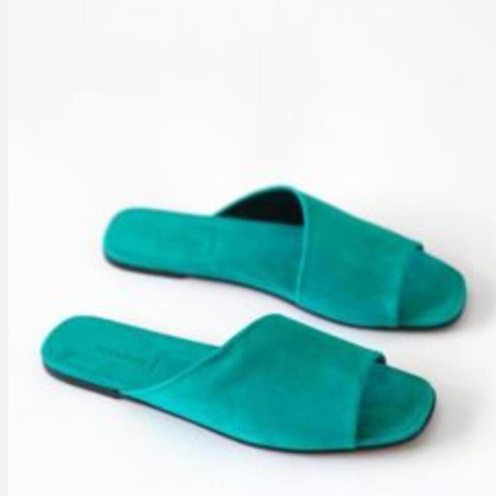 ALUMNAE Italian Suede Teal Asymmetric Sandals EU 37 $425